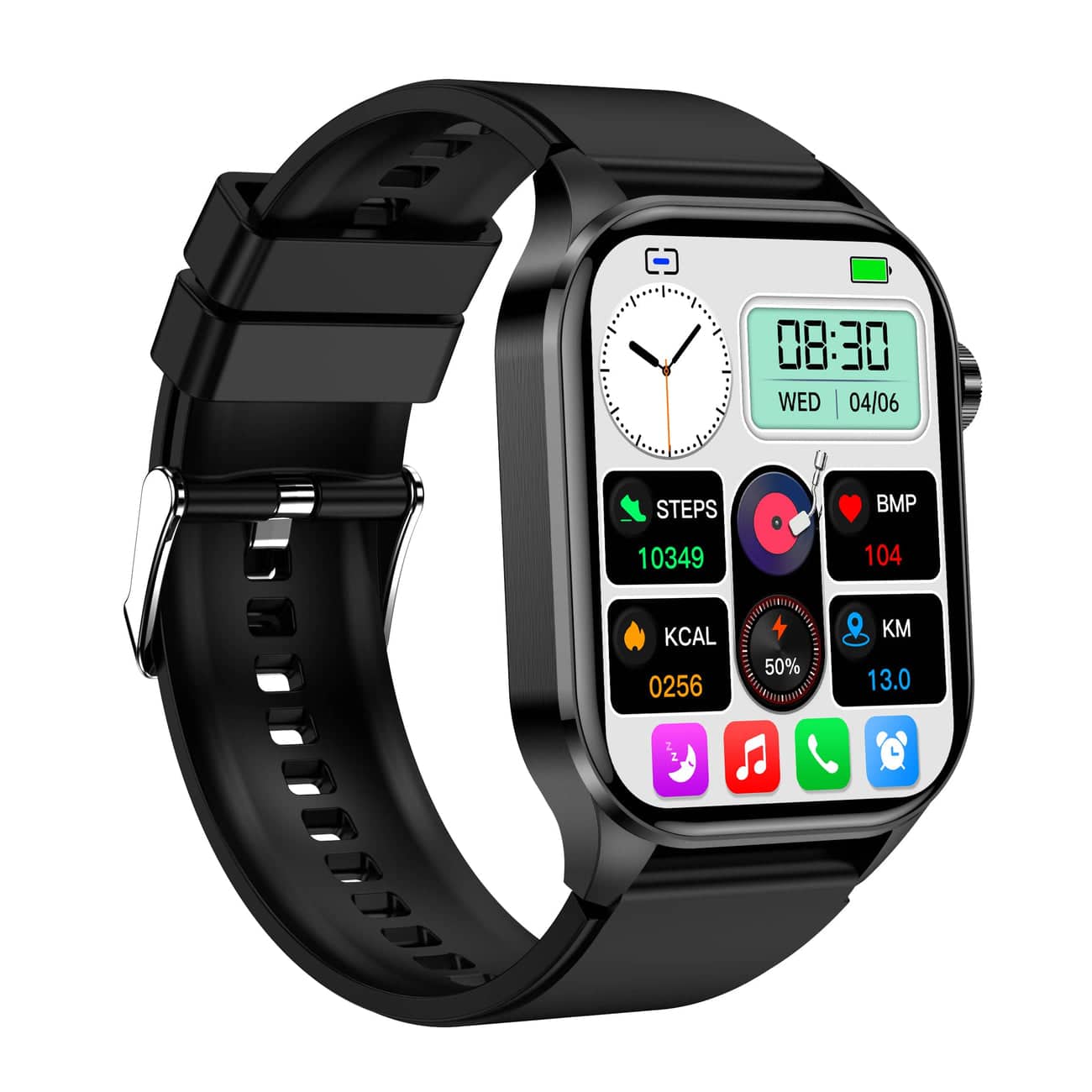 Schwarze Smartwatch mit quadratischem Display, Fitness-Tracker, Herzfrequenzmesser, Schrittzähler.