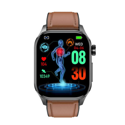 Smartwatch mit braunem Lederarmband, Fitness-Tracking, Herzfrequenzanzeige, Schrittzähler.