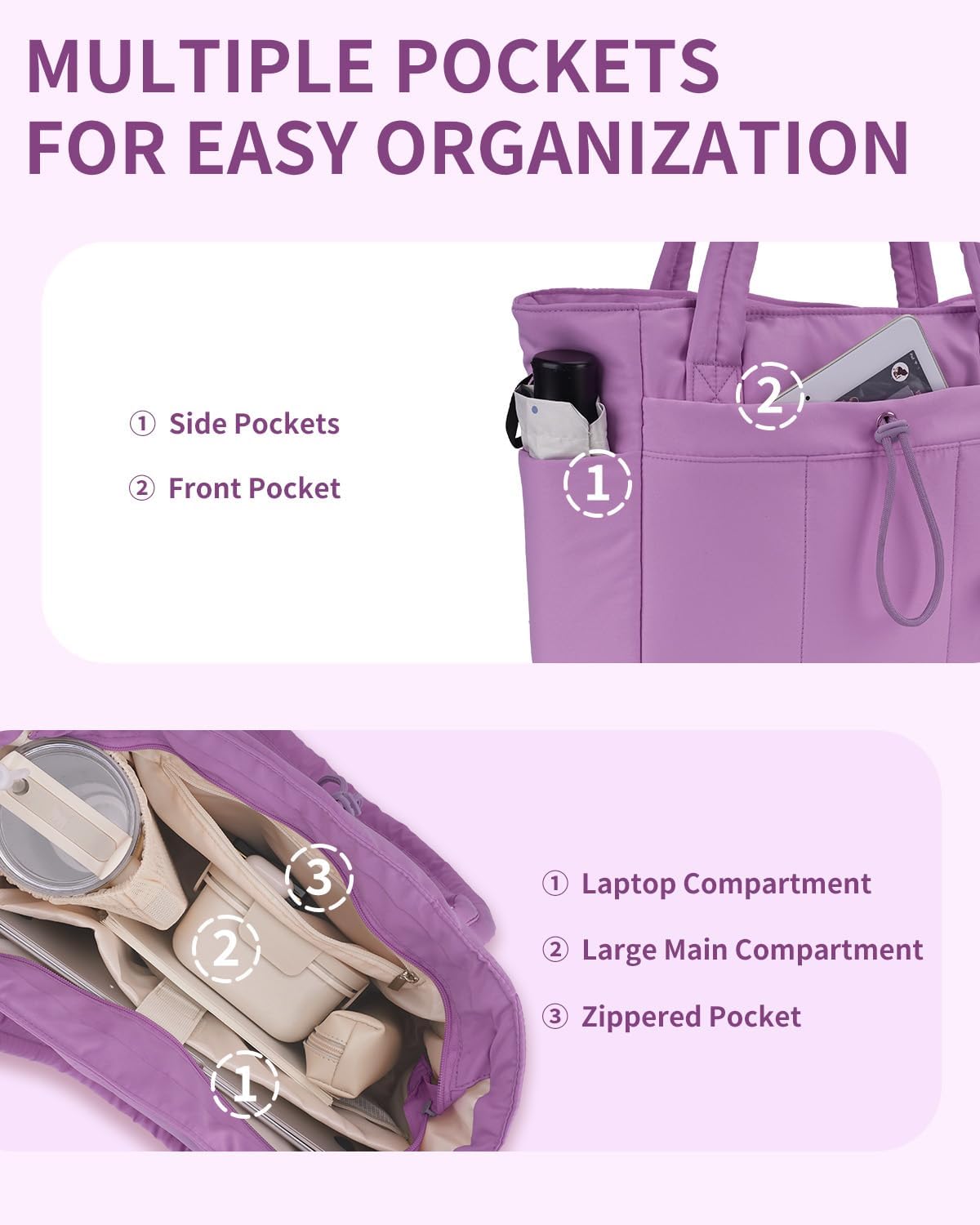 Gepolsterte Puffer Tote mit Becherhalter und Laptopfach für Reisen und Arbeit