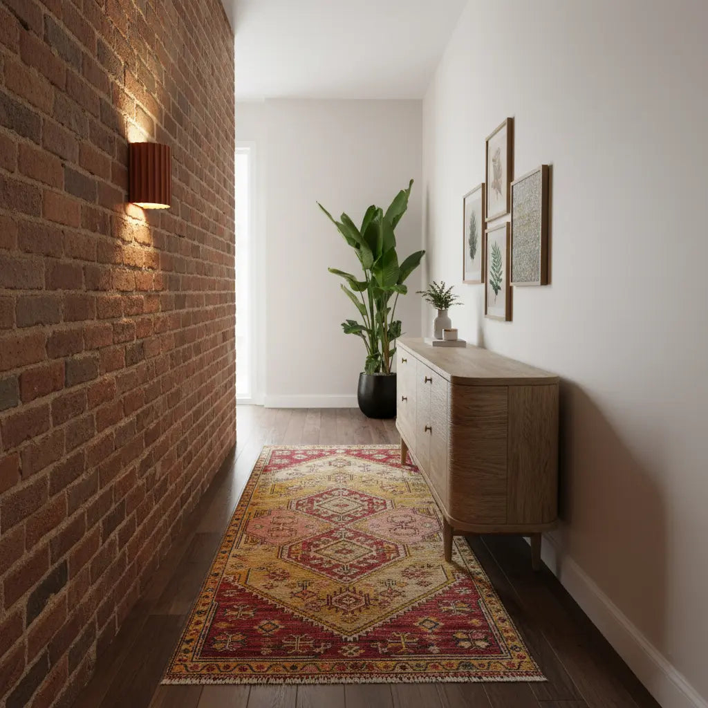 Terrakottafarbene Wandleuchte an Backsteinwand in einem Flur mit Kommode, Teppich und großer Zimmerpflanze 4