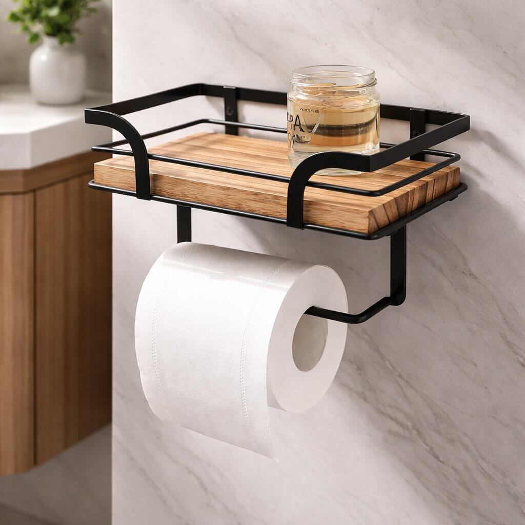 Nahaufnahme der Holzablage mit schwarzem Metallrahmen, darauf ein Glas mit Flüssigkeit, unten eine Toilettenpapierrolle auf dem Haltearm. 5