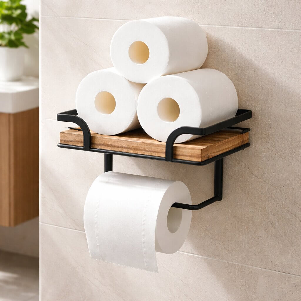 Schräge Ansicht des Halters, auf der Holzablage sind drei Toilettenpapierrollen gestapelt, unten hängt eine weitere Rolle. 4