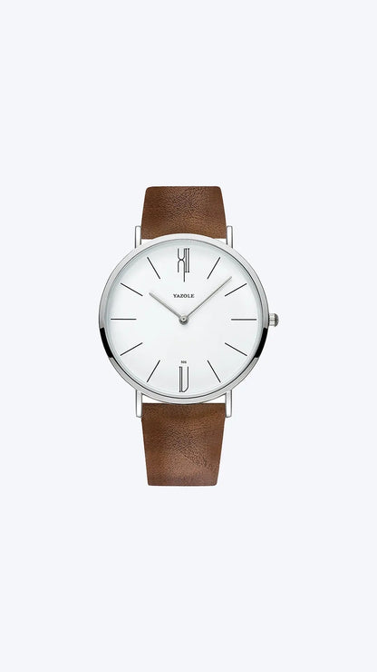 Braune Lederarmbanduhr mit weißem Zifferblatt, minimalistisches Design, Herrenuhr.