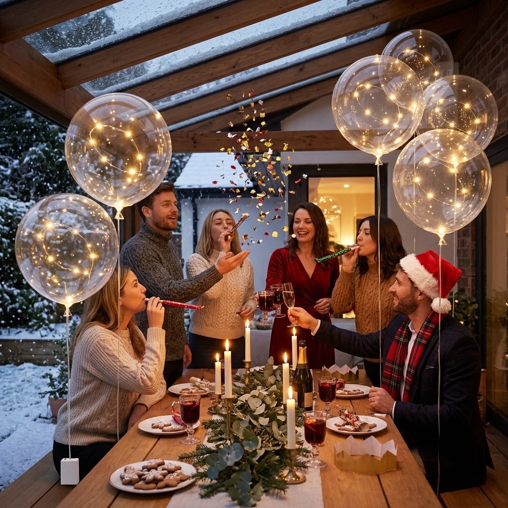Leuchtende Ballons an winterlicher Glasveranda, darunter feiernde Gäste mit Partytröten und Konfetti am Tisch 2