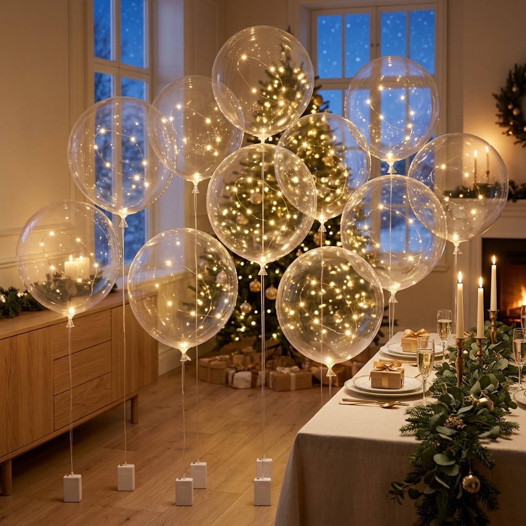Zehn leuchtende Ballons mit weißen Batteriefächern stehen im festlich geschmückten Wohnzimmer vor dem Weihnachtsbaum 3