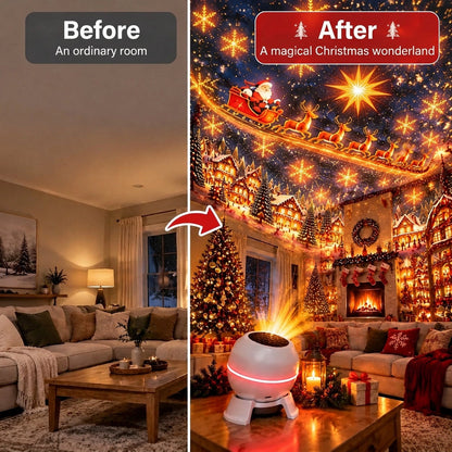 Vorher-nachher-Vergleich: ein schlichtes Wohnzimmer links, rechts derselbe Raum mit leuchtender Weihnachtsprojektion und 2