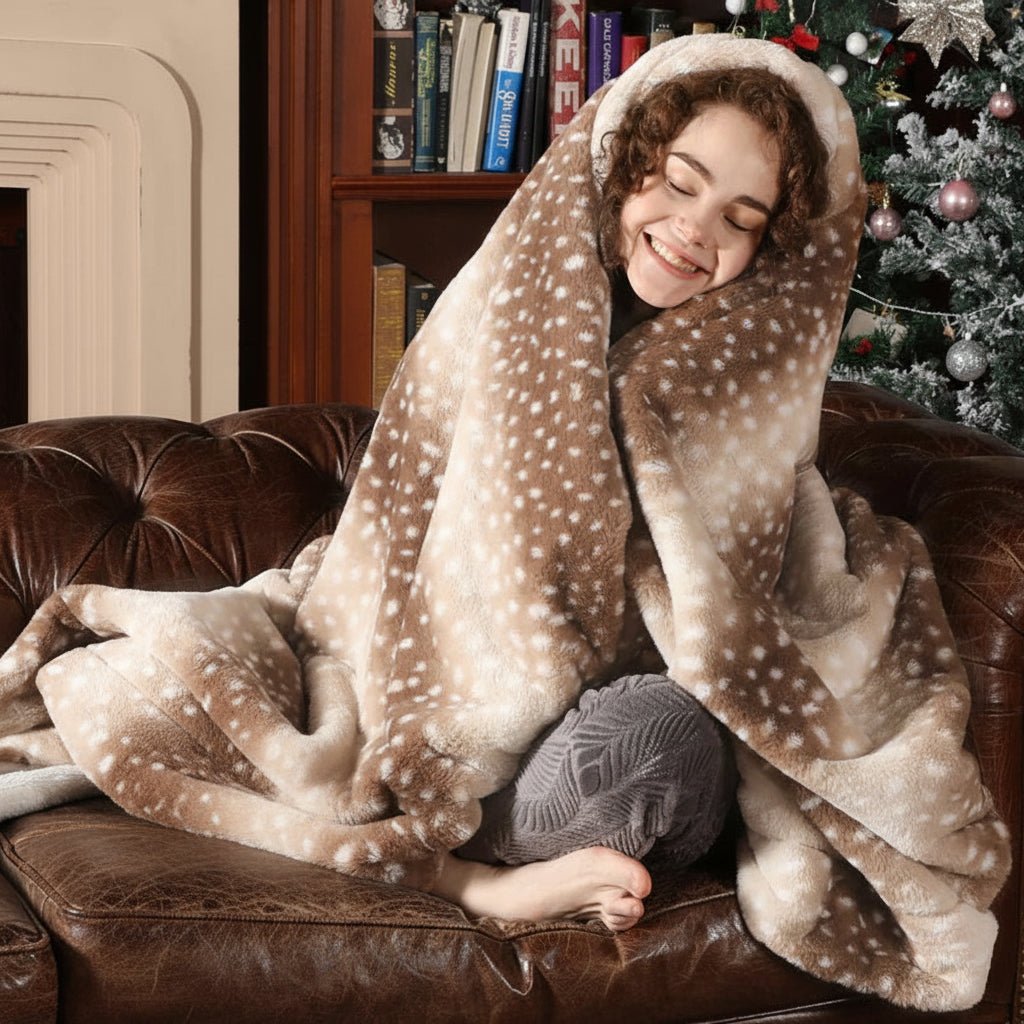 Lächelnde junge Frau sitzt in die gepunktete Decke gehüllt auf einem braunen Ledersofa, im Hintergrund ein Weihnachtsbaum. 2