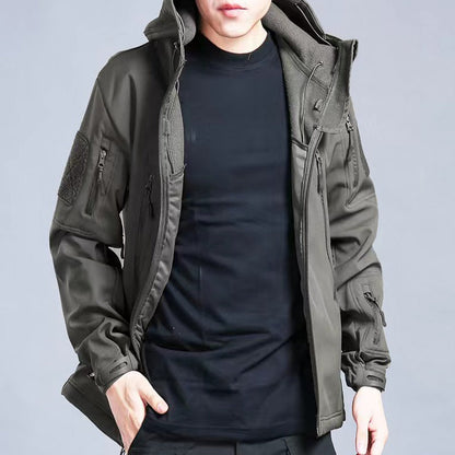 Taktische Jacke Herren, olivgrün, wasserabweisend, Outdoor, Herbst Winter, mit Kapuze.