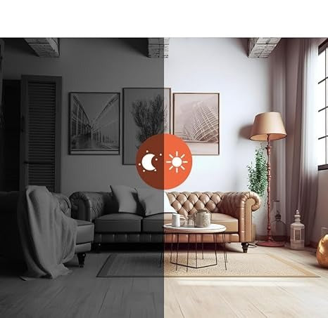 Wohnzimmer mit Ledersofa, links als Schwarz-Weiß-Nachtbild, rechts als Farbbild bei Tag, getrennt durch Mond- und Sonnensymbol. 4