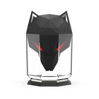 Schwarzer Wolf Luftbefeuchter, geometrisches Design, LED-Leuchten, modernes Raumklima-Gerät.