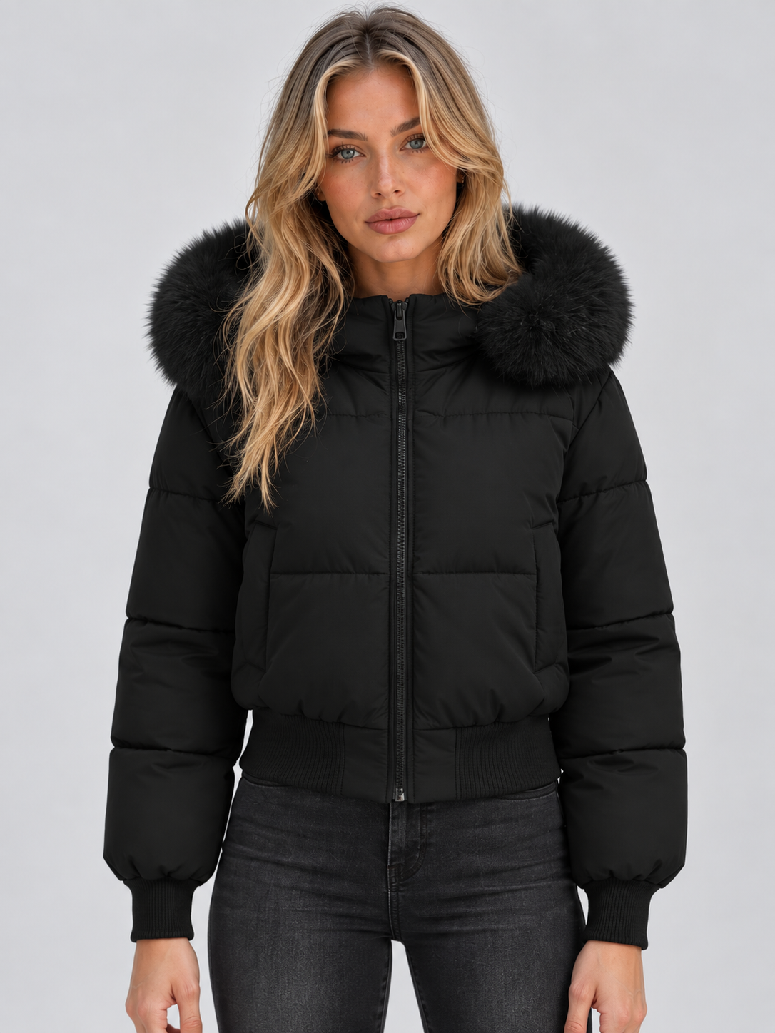 Frontansicht der kurzen schwarzen Steppjacke mit Reißverschluss, Fellkragen und Rippbündchen, getragen zur dunklen Jeans 1