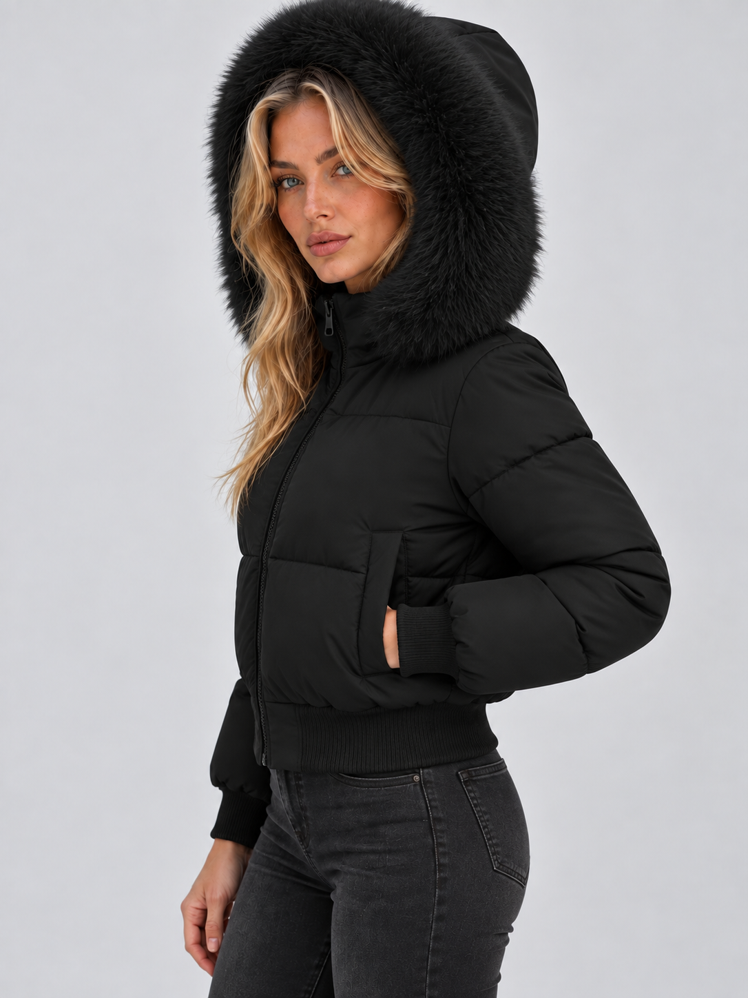 Seitenansicht der schwarzen Steppjacke mit aufgesetzter Kapuze, Seitentasche und Rippbündchen am Ärmel 3
