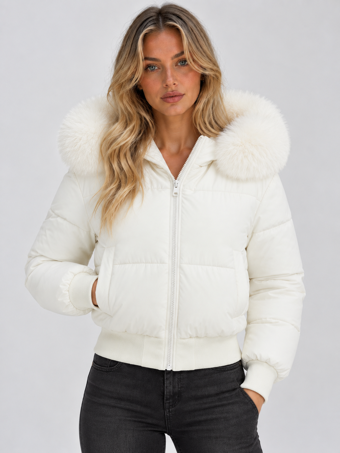 Die cremeweiße Steppjacke mit hellem Fellkragen von vorn, eine Hand in der Seitentasche 4