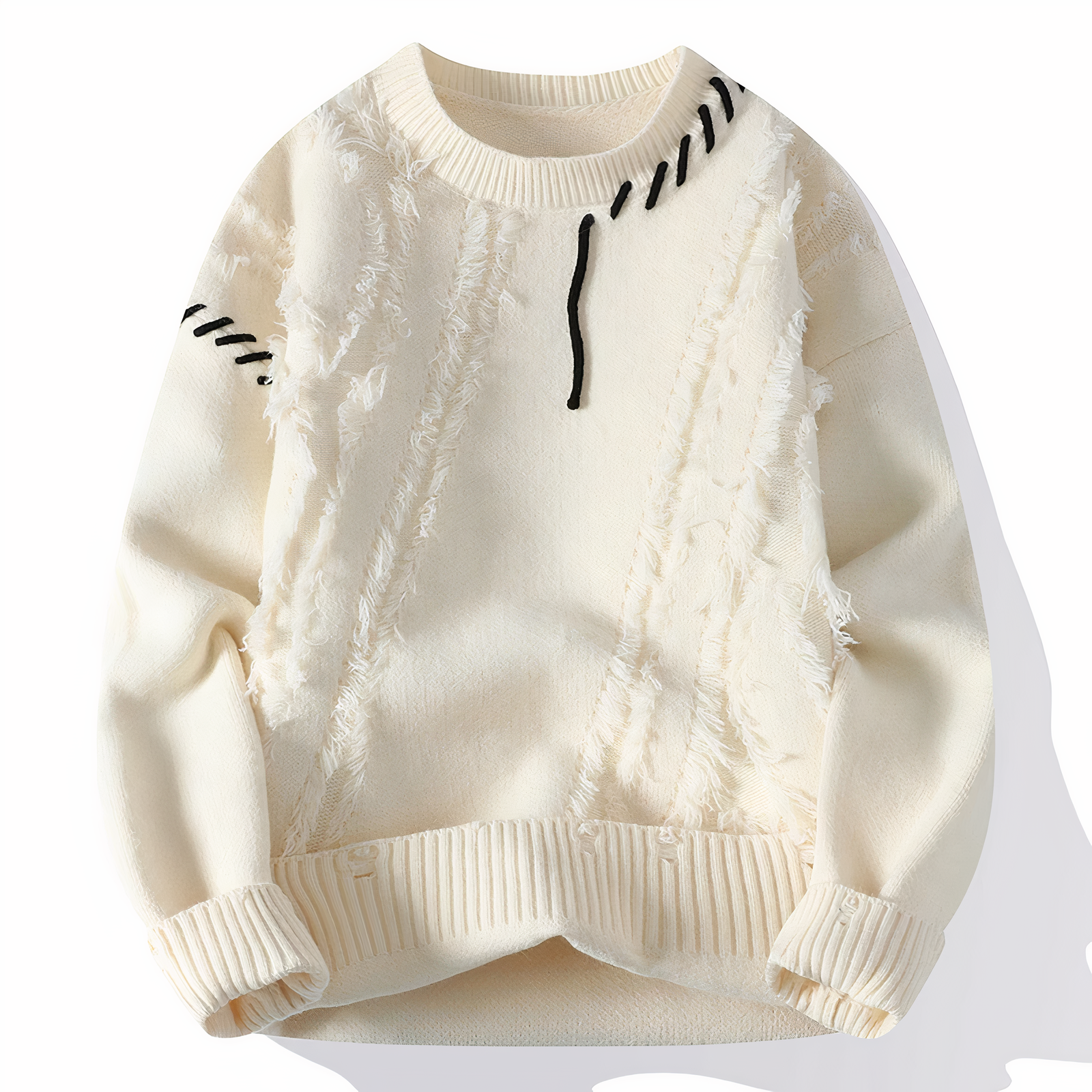 Weiße Herren-Pullover, Strick, modisch, Patchwork-Design, Herbst-Winter, Streetwear.