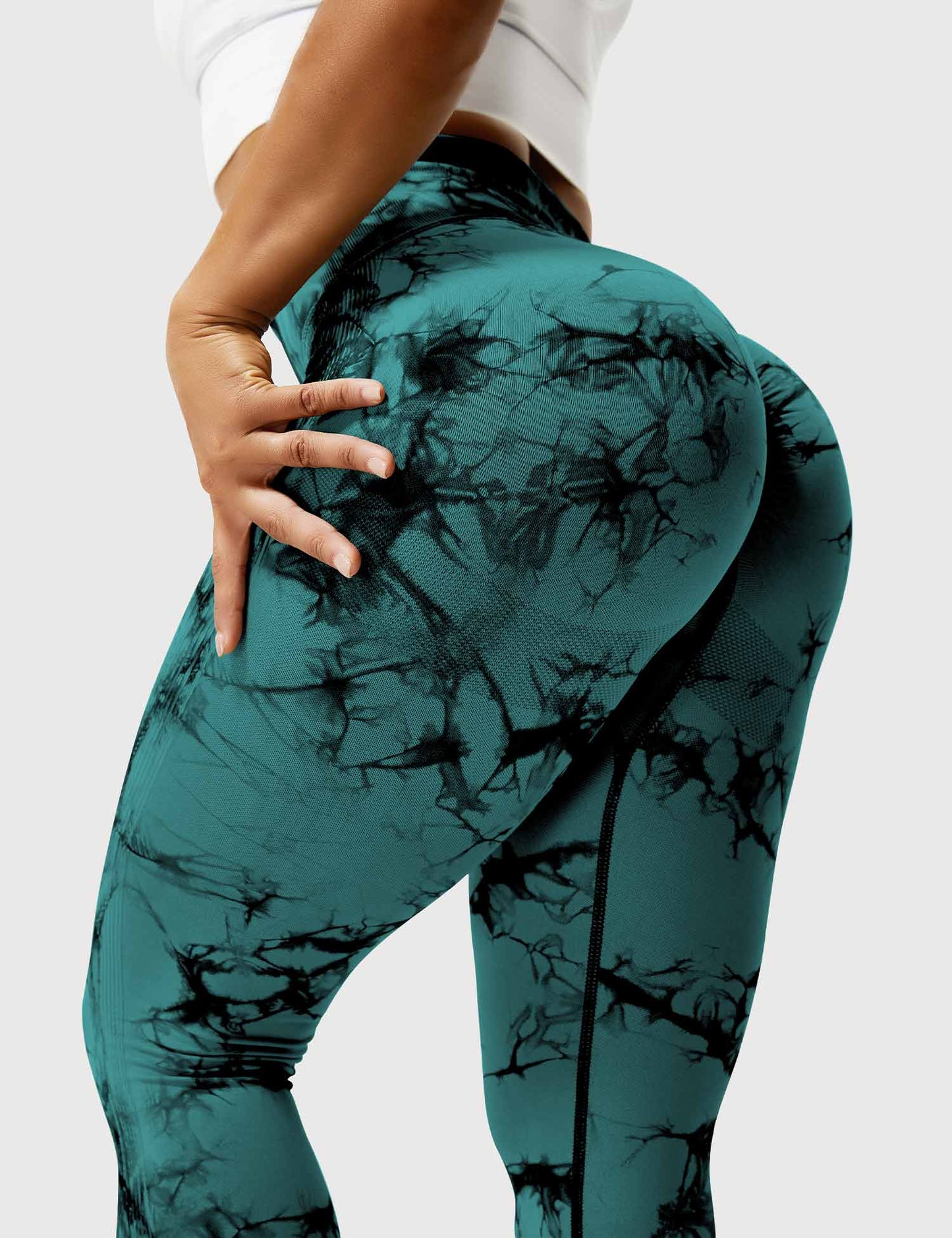 Damen Leggings blaugrün, marmoriertes Muster, Sportbekleidung, elastisch, figurbetont.