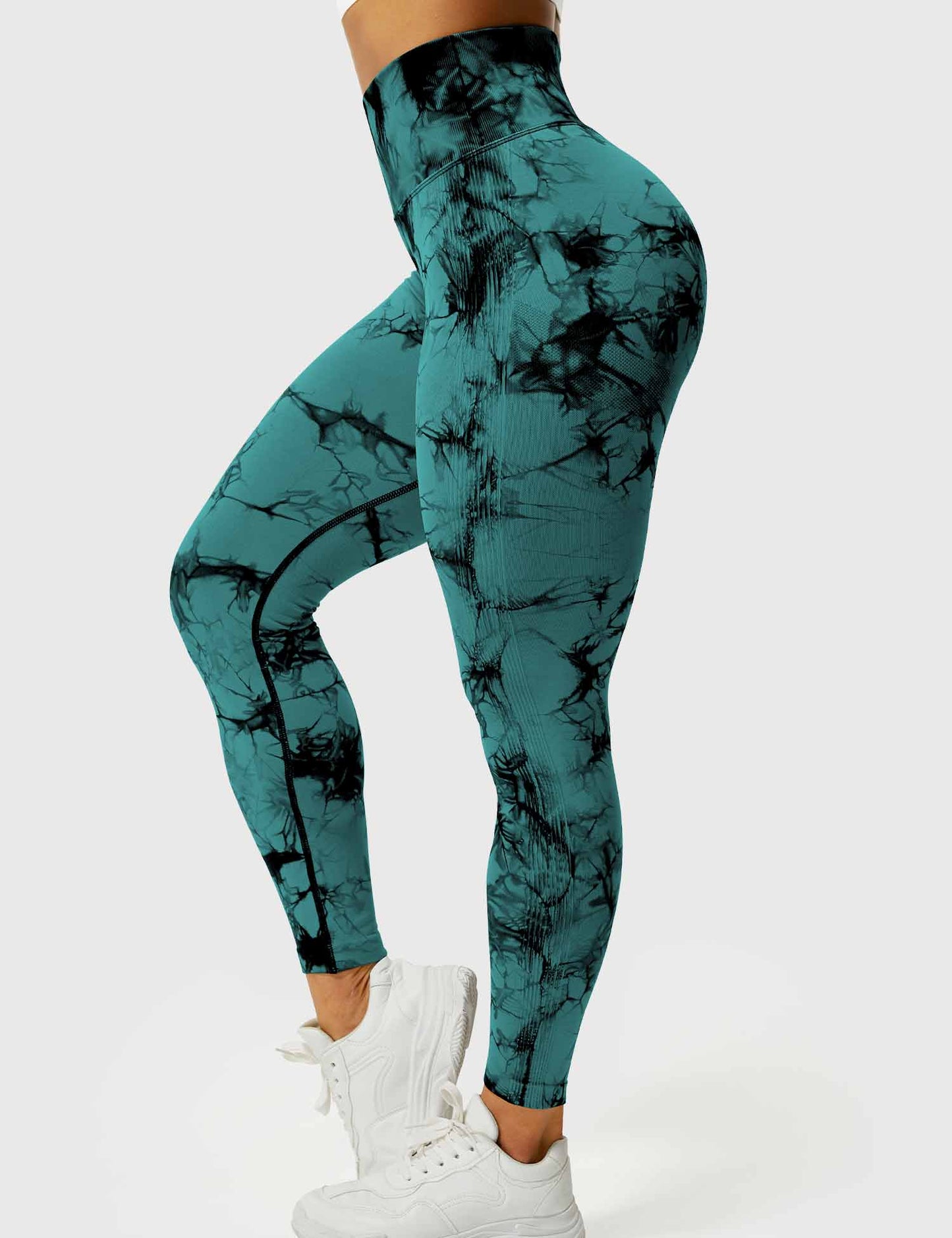 Damen Leggings blaugrün, hoher Bund, Marmor-Muster, Sportbekleidung, Fitness, Yoga.