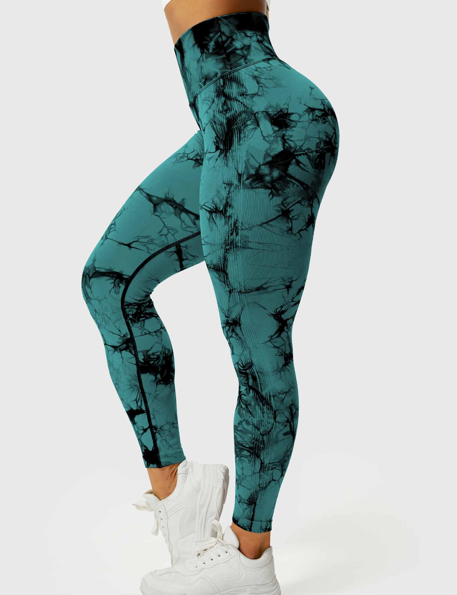 Damen Leggings blaugrün, hoher Bund, Marmor-Muster, Sportbekleidung, Fitness, Yoga.