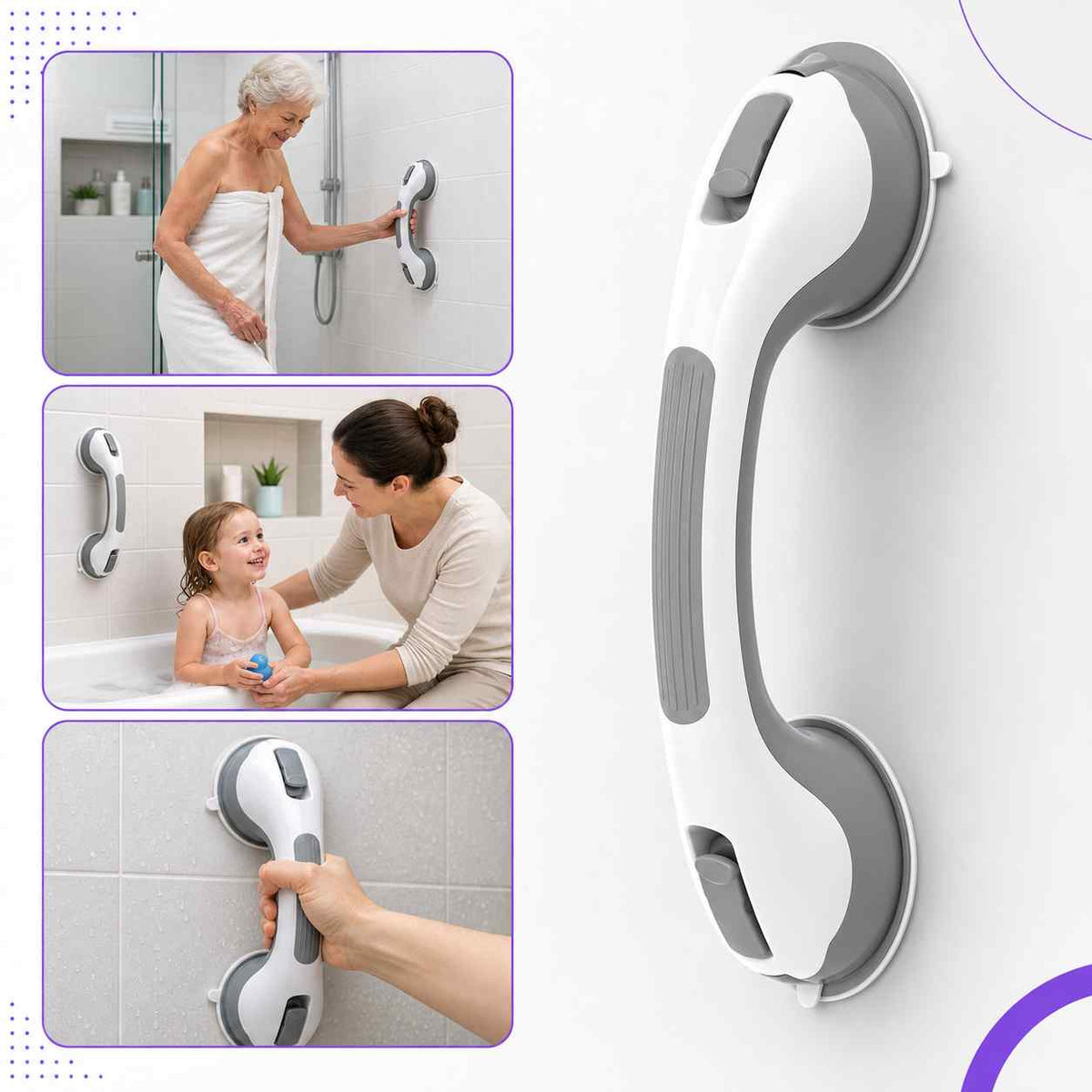Suction Shower Grab Bar, No-Drill Bathroom Safety Handle, 15.7 in 5