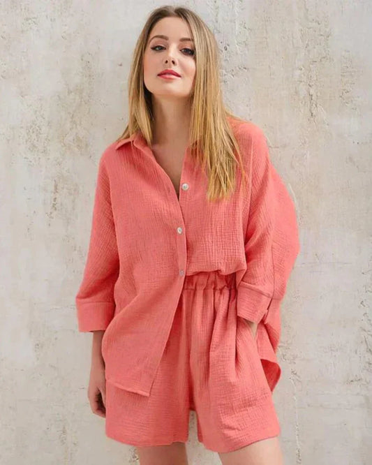 Sommer Set Damen zweiteilig | strukturiertes Material | Shorts | Oberteil | luftig-Orange-S-Luzern Mode