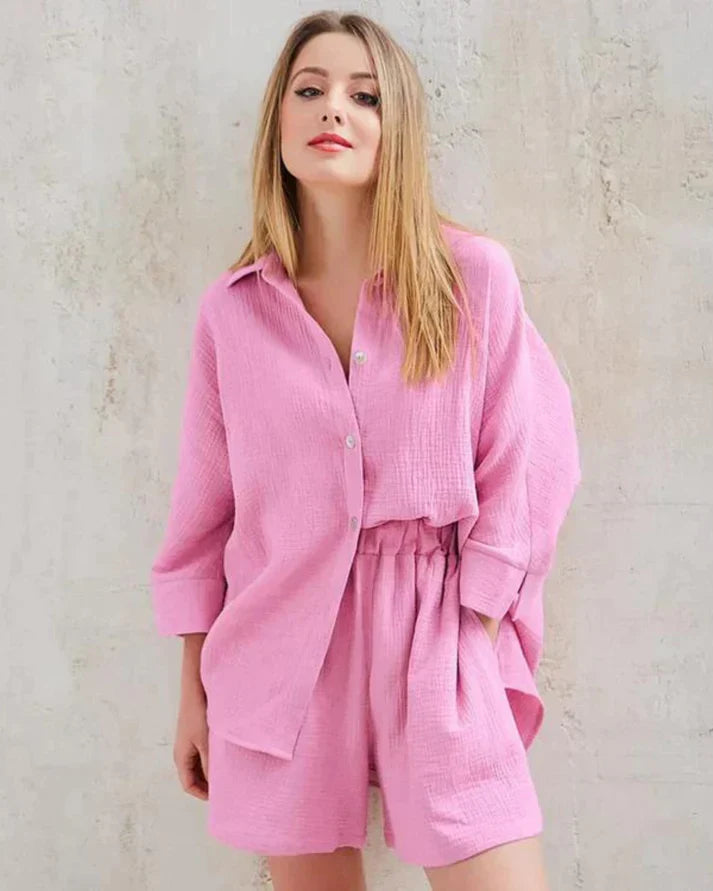 Sommer Set Damen zweiteilig | strukturiertes Material | Shorts | Oberteil | luftig-Rosa-S-Luzern Mode