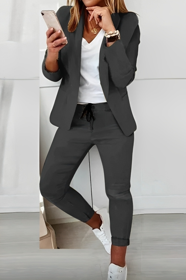 Damen Blazer-Set | Einfarbig | Zweiteilig | Locker Fallend | Mit Hose-Dunkelgrau-S-Luzern Mode