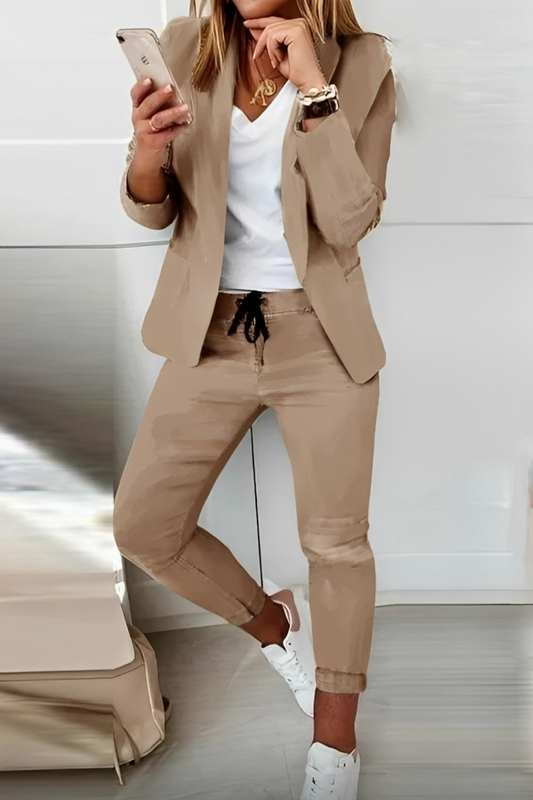 Damen Blazer-Set | Einfarbig | Zweiteilig | Locker Fallend | Mit Hose-Khaki-S-Luzern Mode