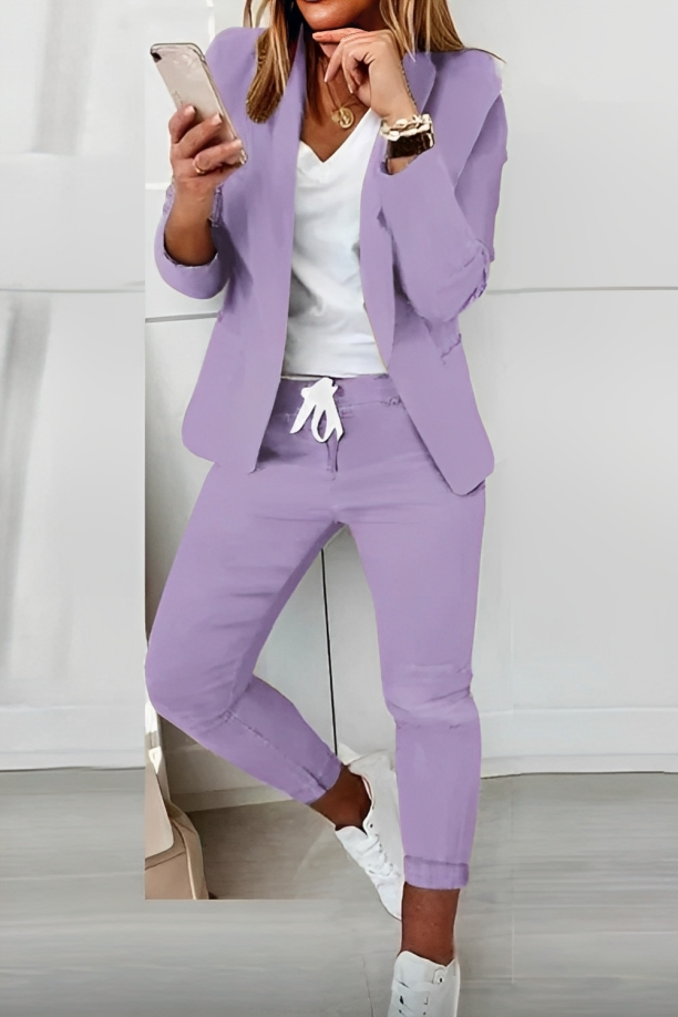 Damen Blazer-Set | Einfarbig | Zweiteilig | Locker Fallend | Mit Hose-Lila-S-Luzern Mode