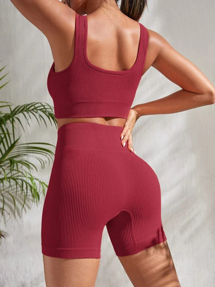 Damen Fitness-Set | Zweiteilig | Shorts | Top | Einfarbig | Elastisch-Luzern Mode