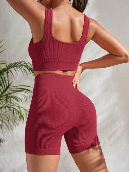 Damen Fitness-Set | Zweiteilig | Shorts | Top | Einfarbig | Elastisch-Luzern Mode