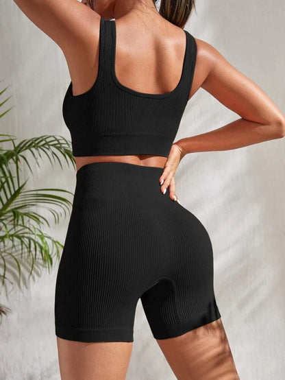 Damen Fitness-Set | Zweiteilig | Shorts | Top | Einfarbig | Elastisch-Luzern Mode