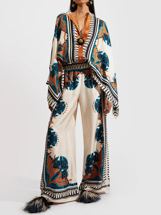 Leinen Zweiteiler Damen | Ethno-Print | Atmungsaktiv & leicht | Stehkragen | Weite Hose-Weiß-S-Luzern Mode