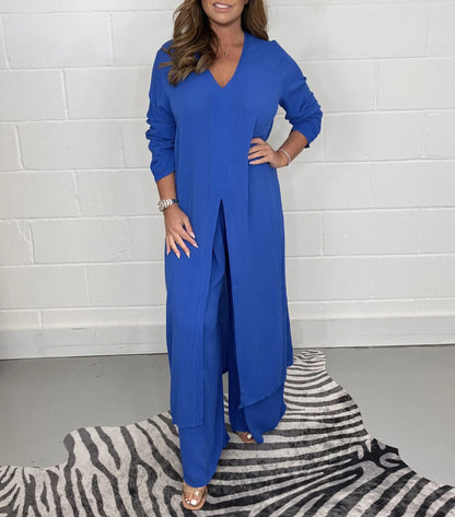 Weite Hose mit Gummibund | taillierte Bluse | luftiges Set | bequem | vielseitig kombinierbar-Blau-S-Luzern Mode