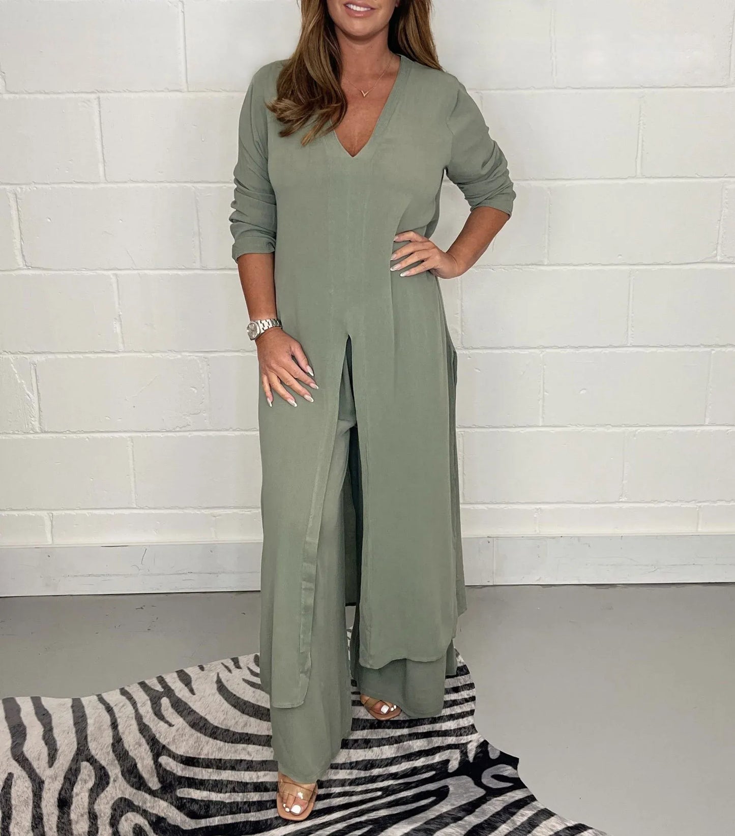 Weite Hose mit Gummibund | taillierte Bluse | luftiges Set | bequem | vielseitig kombinierbar-Grün-S-Luzern Mode