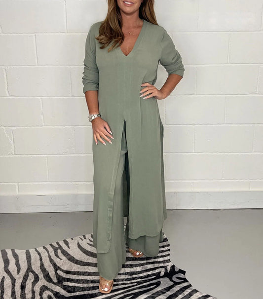 Weite Hose mit Gummibund | taillierte Bluse | luftiges Set | bequem | vielseitig kombinierbar-Grün-S-Luzern Mode