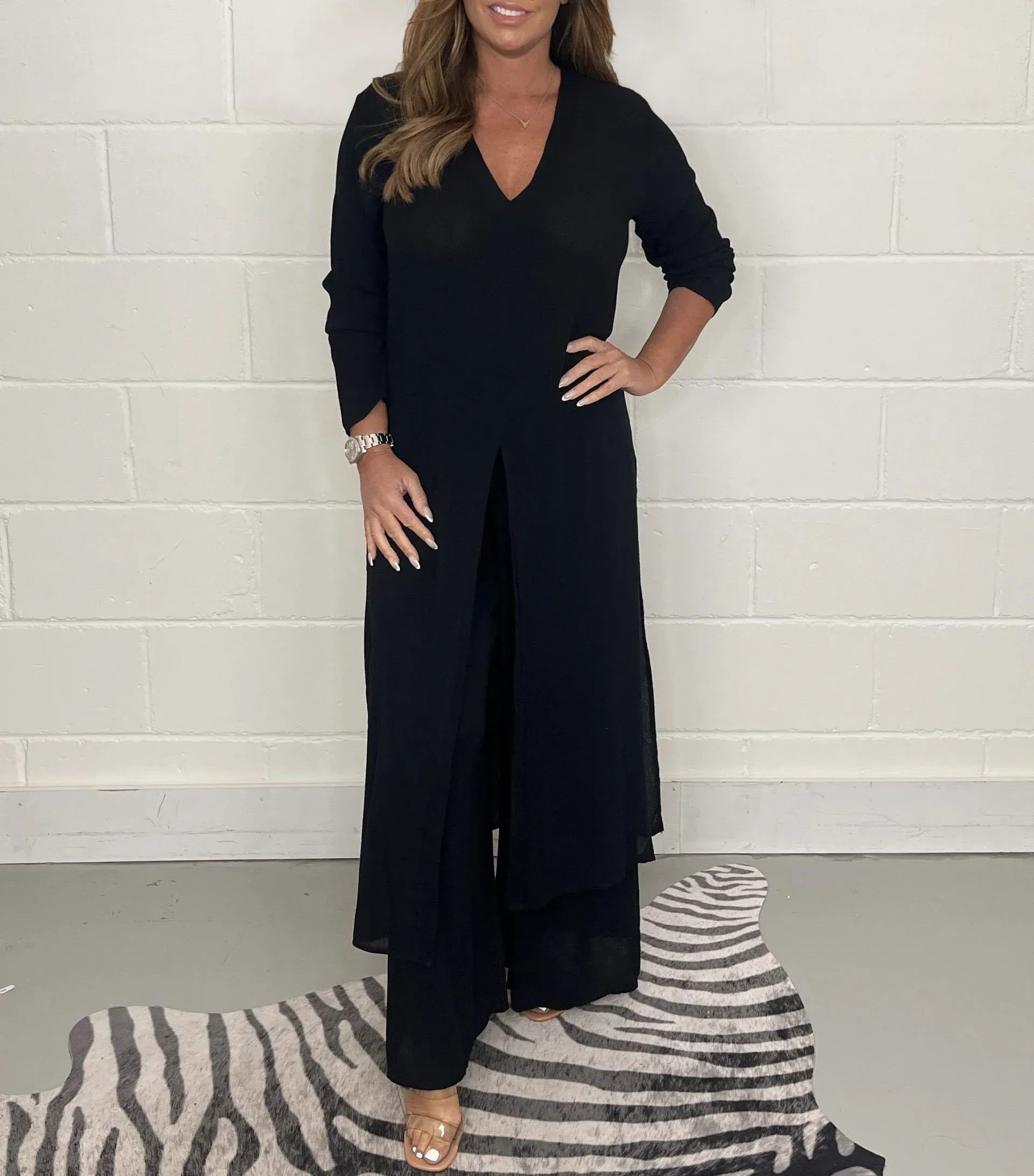 Weite Hose mit Gummibund | taillierte Bluse | luftiges Set | bequem | vielseitig kombinierbar-Schwarz-S-Luzern Mode