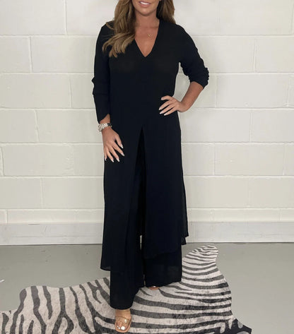 Weite Hose mit Gummibund | taillierte Bluse | luftiges Set | bequem | vielseitig kombinierbar-Schwarz-S-Luzern Mode