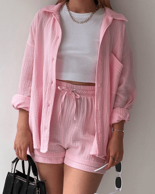 Zweiteiler Damen Sommer | Set mit Hemd und Hose | Luftig | Bequem | Stilvoll-Hellrosa-S-Luzern Mode
