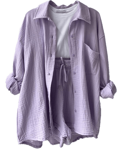 Zweiteiler Damen Sommer | Set mit Hemd und Hose | Luftig | Bequem | Stilvoll-Lavendel-S-Luzern Mode