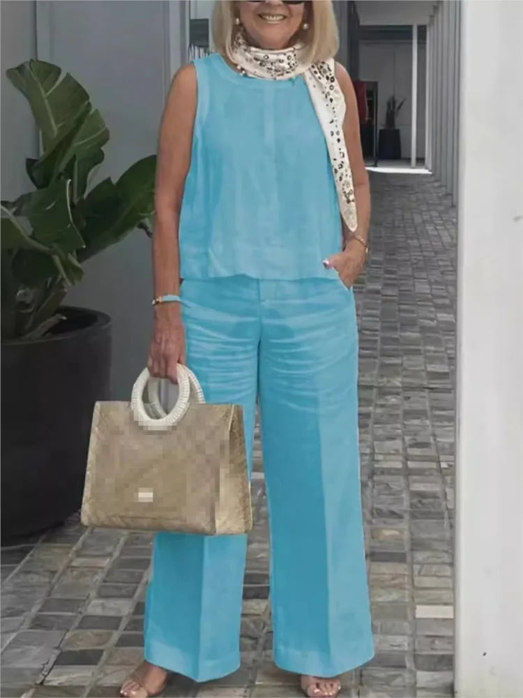 Damen Sommer Set Leinen | Zweiteilig | Ärmellose Bluse | Weite Hose | Luftig | Trendy-Blau-S-Luzern Mode