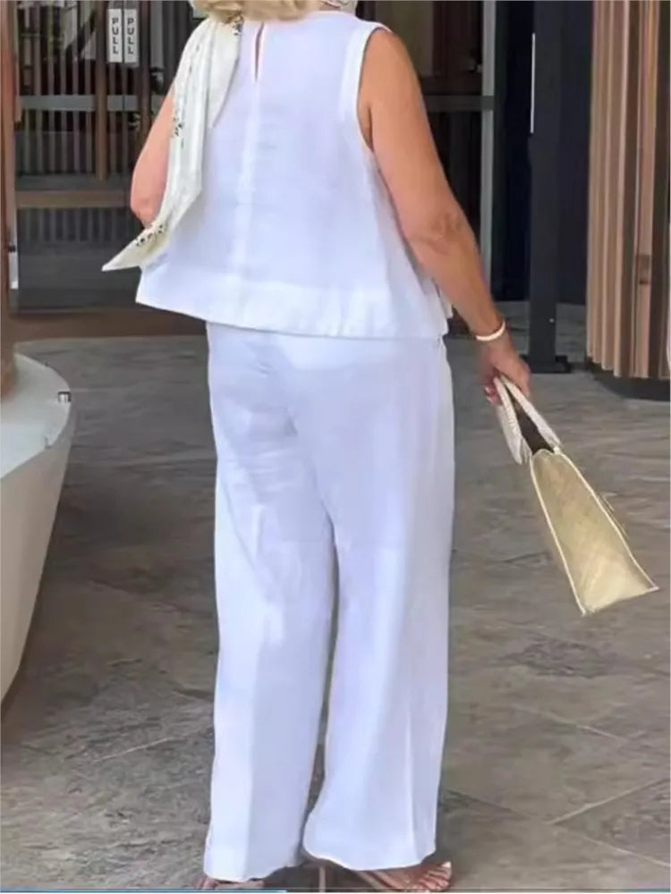 Damen Sommer Set Leinen | Zweiteilig | Ärmellose Bluse | Weite Hose | Luftig | Trendy-Luzern Mode