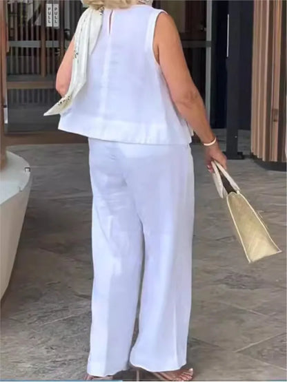 Damen Sommer Set Leinen | Zweiteilig | Ärmellose Bluse | Weite Hose | Luftig | Trendy-Luzern Mode