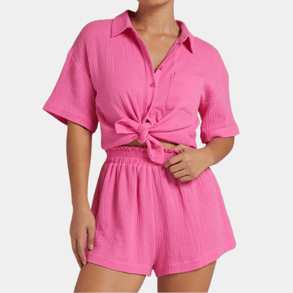 Sommer Set Damen | Hemd und Shorts | Luftig | Bequem | Zweiteilig | Freizeit-Rosa-XS-Luzern Mode