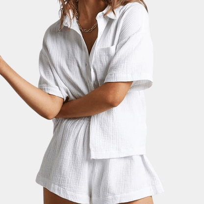 Sommer Set Damen | Hemd und Shorts | Luftig | Bequem | Zweiteilig | Freizeit-Weiß-XS-Luzern Mode
