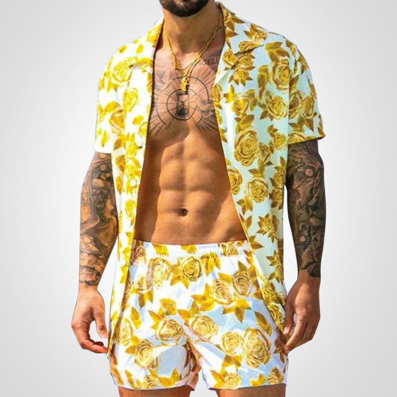 Zweiteiler Herren Sommer | Print Set Shirt Shorts | Bequem auffällig | Freizeit-F-S-Luzern Mode