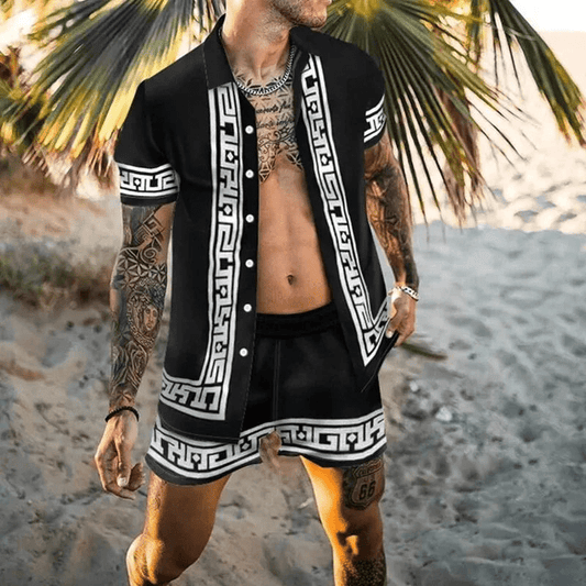 Freizeitset Herren Sommer | Patchwork Hemd und Shorts | Leicht | Bequem | Zweiteilig-Stil 1-M-Luzern Mode