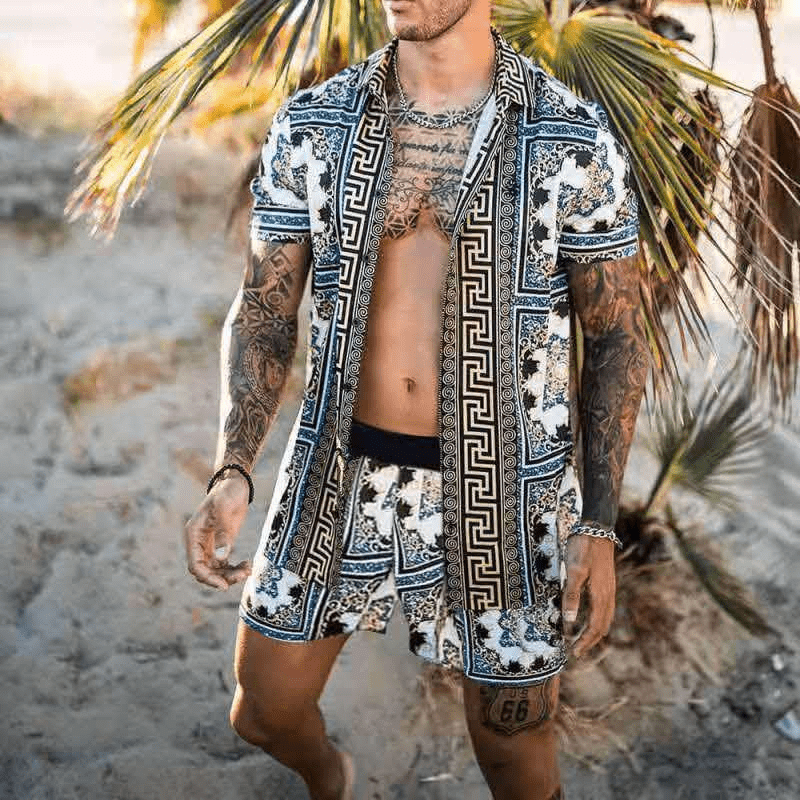 Freizeitset Herren Sommer | Patchwork Hemd und Shorts | Leicht | Bequem | Zweiteilig-Stil 13-M-Luzern Mode