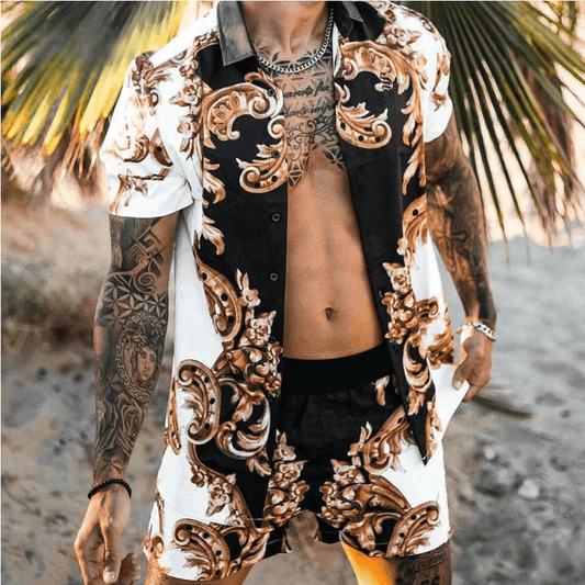 Freizeitset Herren Sommer | Patchwork Hemd und Shorts | Leicht | Bequem | Zweiteilig-Stil 2-M-Luzern Mode