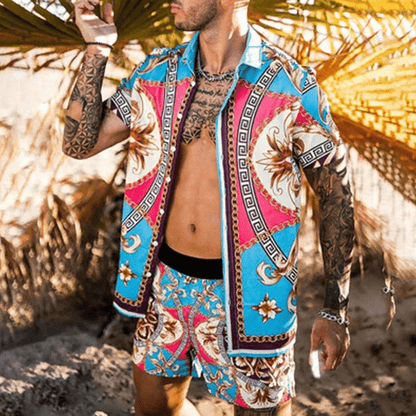 Freizeitset Herren Sommer | Patchwork Hemd und Shorts | Leicht | Bequem | Zweiteilig-Stil 5-M-Luzern Mode