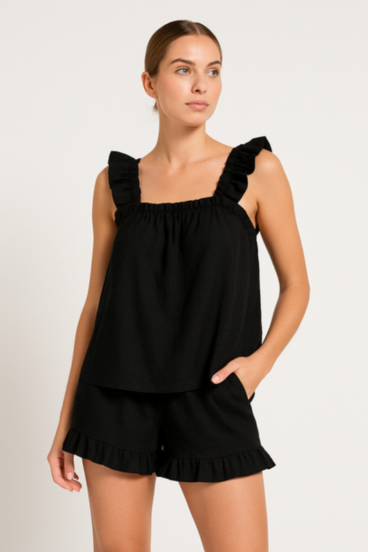 Sommer Pyjama Set Damen | Luftig zweiteilig | Rüschen Top Shorts bequem-Schwarz-S-Luzern Mode