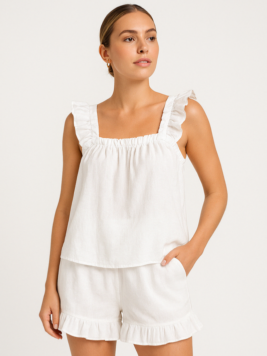 Sommer Pyjama Set Damen | Luftig zweiteilig | Rüschen Top Shorts bequem-Weiß-S-Luzern Mode